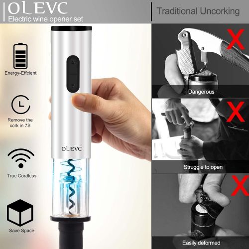  Olevc Rechargeable Electric Wine Bottle Opener, Automatic One-Button Corkscrew Opener Kit with Foil Cutter, Vacuum Stopper and Wine Aerator Pourer for Household Kitchen Party Bar(S