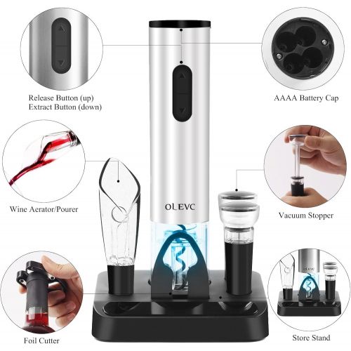  Olevc Rechargeable Electric Wine Bottle Opener, Automatic One-Button Corkscrew Opener Kit with Foil Cutter, Vacuum Stopper and Wine Aerator Pourer for Household Kitchen Party Bar(S