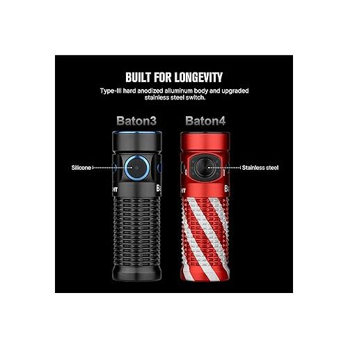  OLIGHT Baton4 Rechargeable EDC Flashlight, LED Pocket Flashlight 1300 Lumens with Magnetic Charging Cable, Small Powerful Bright Flashlight for Home, Camping, and Emergencies (Candy Cane)