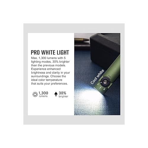  OLIGHT Arkfeld Pro Rechargeable EDC Flashlight with Green Beam, UV Light and White LED Combo, 1300 Lumens Portable Flat Flashlights, Triple Light Sources Pocket Lights for Emergency (OD Green CW)