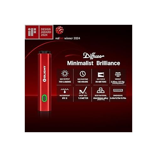  OLIGHT Diffuse Rechargeable EDC Pocket Flashlight, 700 Lumens USB-C Charging Keychain Flashlights, High-Performance LED Light, AA Flashlight for Outdoor and Night Working(Red)