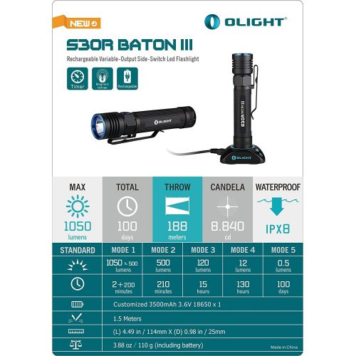  OLIGHT Olight S30R III Poweful 18650 3500mah Rechargeable Flashlight Searchlight CREE LED 1050 Lumens EDC Pocket Light usb Cable and Charging Dock (charger) with Olight Patch