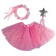 OLYPHAN Princess Tutu Dress Up Costume - Fairy Ballerina Gift: Pink Tutu, Magic Wand, Flower Tiara/Crown for Girls