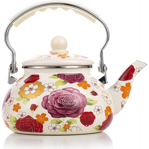  OLYTARU Enamel 2.3 Quart Teapot floral,Large Porcelain Enameled Teakettle,Colorful Hot Water Tea Kettle pot for Stovetop,Small Retro Classic Design, white