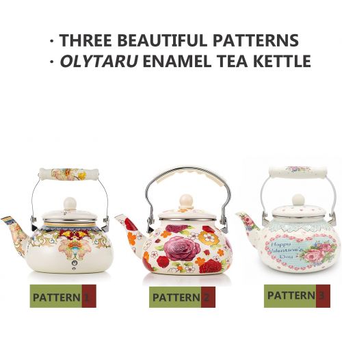  OLYTARU Enamel 2.3 Quart Teapot floral,Large Porcelain Enameled Teakettle,Colorful Hot Water Tea Kettle pot for Stovetop,Small Retro Classic Design, white