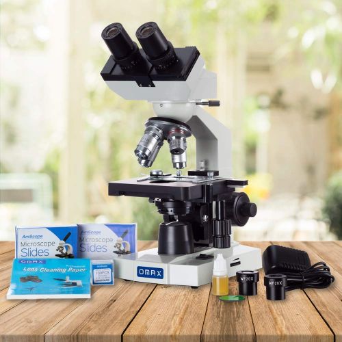  OMAX 40X-2000X LED Binocular Compound Lab Microscope w/ Double Layer Mechanical Stage + Blank Slides, Cover Slips, & Lens Cleaning Paper, M82ES-SC100-LP100