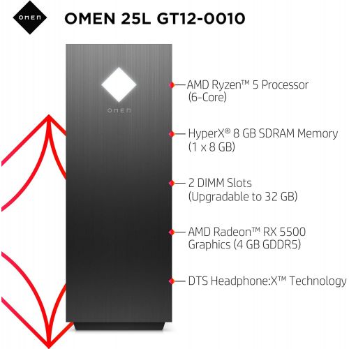 에이치피 HP OMEN 25L Gaming Desktop PC, AMD Radeon RX 5500, AMD Ryzen 5 3500, HyperX 8GB DDR4 RAM, 512GB PCIe NVMe SSD, Windows 10 Home, VR Ready, RGB Lighting (GT12-0010, 2020 Model)