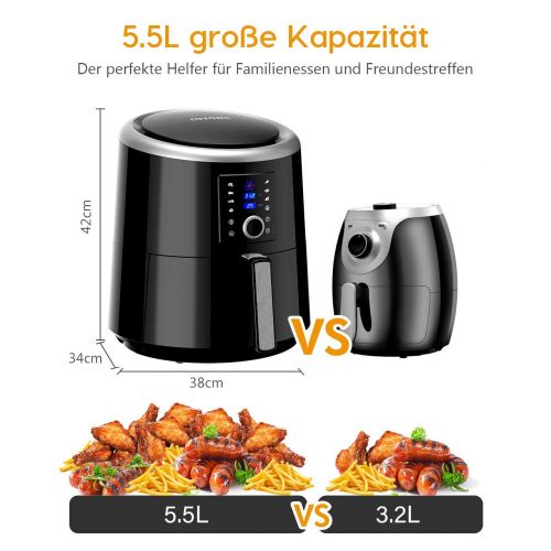  OMORC Hot Air Fryer 5.5 L Airfryer XXL 1800 W 8 in 1 Aerofryer Digital Touch Display Healthy Hot Air Fryer 80% Less Fat Without Oil Free Recipe Book Black