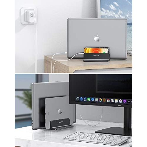  [아마존베스트][Updated Dock Version] Vertical Laptop Stand, OMOTON Double Desktop Stand Holder with Adjustable Dock (Up to 17.3 inch), Fits All MacBook/Surface/Samsung/HP/Dell/Chrome Book (Black