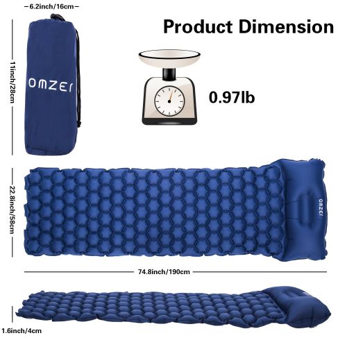  OMZER Ultralight Sleeping Pad, Compact for Backpacking Hiking Camping Hammocks with Attached Pillow,Inflatable Sleeping Air Mattress Pad Durable and Lightweight Fit Adults Kids