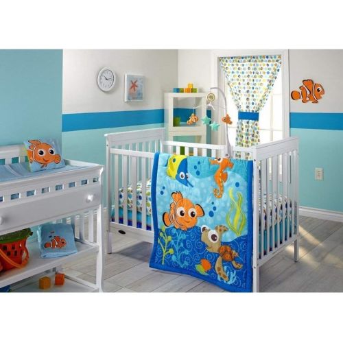  ON 3 Piece Blue Orange Green Finding Nemo Crib Bedding Set, Newborn Disney Themed Nursery Bed Set Infant Child Cute Animals Nautical Ocean Water Fish Pixar Reef Blanket Comforter,