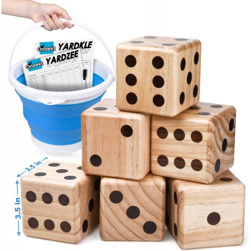  ONDEKT Giant Wooden Yard Dice ? Splinter-Free and Crack-Proof Wood ? Jumbo Size with Collapsible Bucket - 2 Dry Erase Score Cards - Indoor/Outdoor - Play Many Games ? Fun and Engaging Gam
