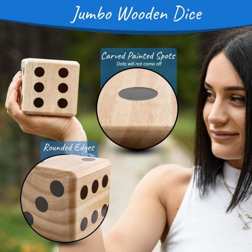  ONDEKT Giant Wooden Yard Dice ? Splinter-Free and Crack-Proof Wood ? Jumbo Size with Collapsible Bucket - 2 Dry Erase Score Cards - Indoor/Outdoor - Play Many Games ? Fun and Engaging Gam
