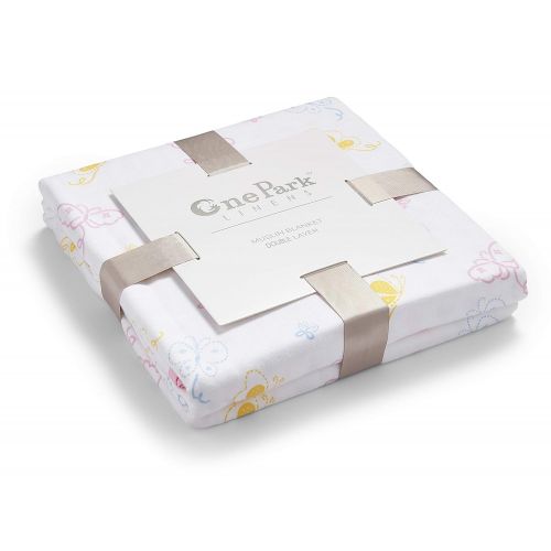  Ultra Soft Organic Muslin Swaddle Blankets by ONE PARK LINENS  47 x 47 inches  Double Layer - Butterfly & Dots