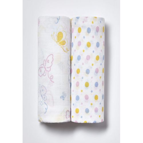  Ultra Soft Organic Muslin Swaddle Blankets by ONE PARK LINENS  47 x 47 inches -2 Pack - Butterfly & Dots