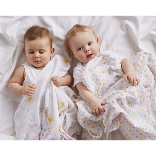  Ultra Soft Organic Muslin Swaddle Blankets by ONE PARK LINENS  47 x 47 inches -2 Pack - Butterfly & Dots