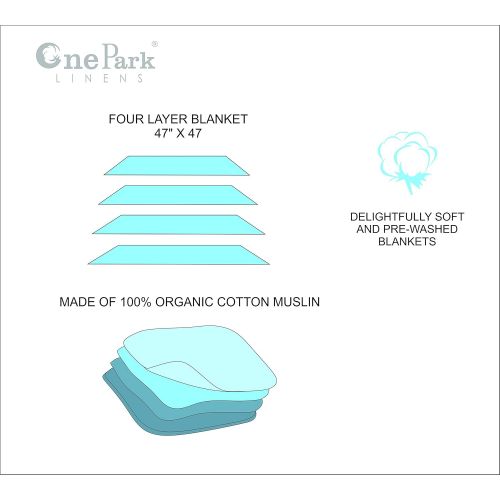  ONE PARK LINENS Ultra Soft Organic Four Layer Swaddle Blankets, 100% Cotton Muslin, Baby Blankets 4 Layer  GOTS Certified  47 x 47 inches  Night Dreams & Triangle - Make a Perfect Boy & Girl Ba