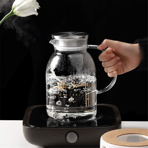  ONEISALL Oneisall Teekanne aus klarem Glas, hitzebestaendig, mit Edelstahldeckel, Handarbeit, Wasserkrug mit Blumen-Motiv, Kaffeekanne, Glaskessel 2200ml