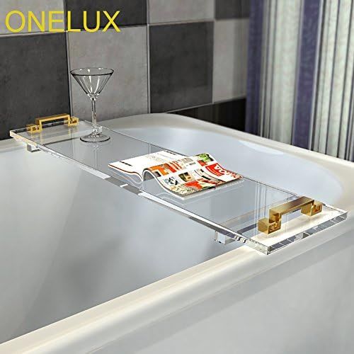  ONELUX Custom Made Durable Clear Acrylic bathtub Tray Caddy With Metal Handles,Lucite Bathroom Tray Rack