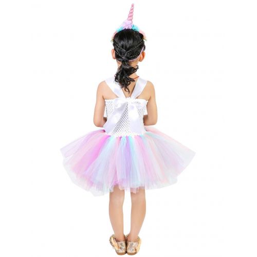  ONFUNU Kids Girls Rainbow Unicorn Tutu Dress Birthday Party Princess Halloween Cosplay Costumes Outfit with Headband