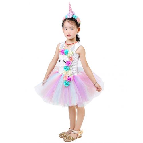  ONFUNU Kids Girls Rainbow Unicorn Tutu Dress Birthday Party Princess Halloween Cosplay Costumes Outfit with Headband