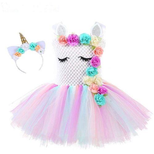  ONFUNU Kids Girls Rainbow Unicorn Tutu Dress Birthday Party Princess Halloween Cosplay Costumes Outfit with Headband