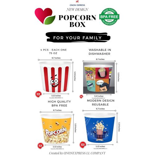  [아마존베스트]ONONEXPRESS Modern Style Reusable Plastic Popcorn Box / Popcorn Containers / Popcorn Bowls Set for Movie Theater Night - (BPA Free - Mixed 4 Pack-75 oz)