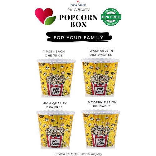  [아마존베스트]ONONEXPRESS Modern Style Reusable Plastic Popcorn Box / Popcorn Containers / Popcorn Bowls Set for Movie Theater Night - (BPA Free - YELLOW 4 Pack-75 oz)