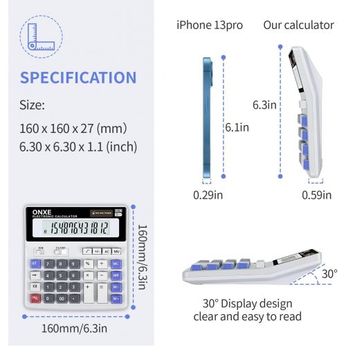  Calculator, ONXE Standard Function Scientific Electronics Desktop Calculators, Dual Power, Big Button 12 Digit Large LCD Display, Handheld for Daily and Basic Office (White)