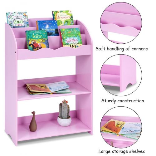  OOHHOO Pink 3-Tier Children Bookshelf Magazine Ample Storage Bookcase For Kids Room