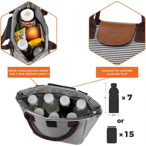 [아마존베스트]OPUX Insulated Lunch Bag for Women | Lunch Tote for Ladies, Girls, Female | Large Reusable Soft Lunch Box Purse Cooler for School, Work, Office | Fits 17 Cans (Black White Stripes)
