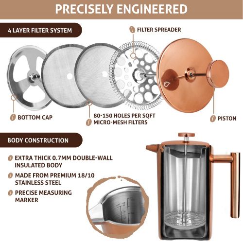  OPUX Premium Stainless Steel French Press, Double Wall Coffee Maker | Thermal Insulated Press Pot | 34 fl oz/1 Liter, Dishwasher Safe, Extra Filters (Copper)