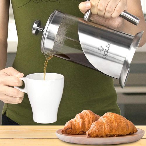  OPUX Insulated French Press Coffee Maker | Stainless Steel 4 Cup Coffee Press Pot with 4 Layer Filters for Pour Over Brewing | 34 fl oz Borosilicate Glass (Clear)