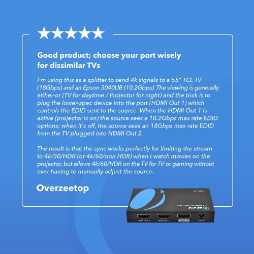  [아마존베스트]4K 1 x 2 HDMI Splitter by OREI, UltraHD 1 in 2 Out 2 Port 4K@60hz 4:4:4 8-bit - HDMI 2.0, HDCP 2.2, 18 Gbps - Supports 3D - Duplicate/Mirror Screens - UHDS-102