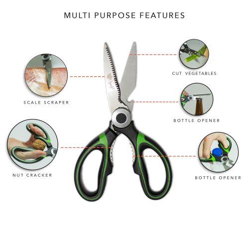  ORGALIF Orgalif Kitchen Shears - Multifunctional Stainless Steel Heavy Duty Scissors for Cutting Poultry Herbs Meat Fish & Food with Bottle Opener (Set of 2) Green