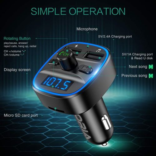  [아마존베스트]-Service-Informationen Oria Bluetooth FM Transmitter, Car Radio Adapter With Microphone and 2 USB Chargers