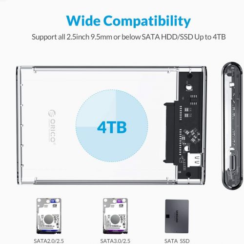  ORICO 2.5 Hard Drive Enclosure Type-C USB 3.1 Computer External Hard Drive Enclosure SATA III to Gen2 Tool-Free for 2.5 Inch 7mm 9.5mm Support UASP Up to 4TB-2139C3-G2