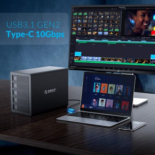  ORICO 5 Bay Hard Drive Enclosure Aluminum Alloy Type C USB3.1 Gen2 (10Gbps) 2.5/3.5 inch External HDD SSD Enclosure for Enterprise-Class Data Storage, Support Daisy Chain (A-Black)