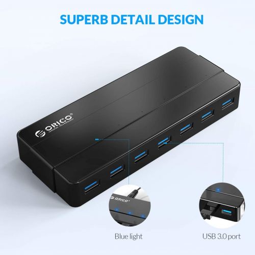  ORICO 7-Port USB 3.0 Hub, Ultra Slim Multi USB Ports Data Hub with 12V3A Power Adapter, 3.3 Ft dismountable USB Cable for MacBook, Chromebook, iPhone, Smartphones and more