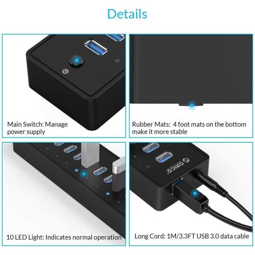  ORICO SuperSpeed 10 Port USB3.0 Hub with 36W(12V3A) Power Adapter and VL812 Chipset for Windows and Mac - Black