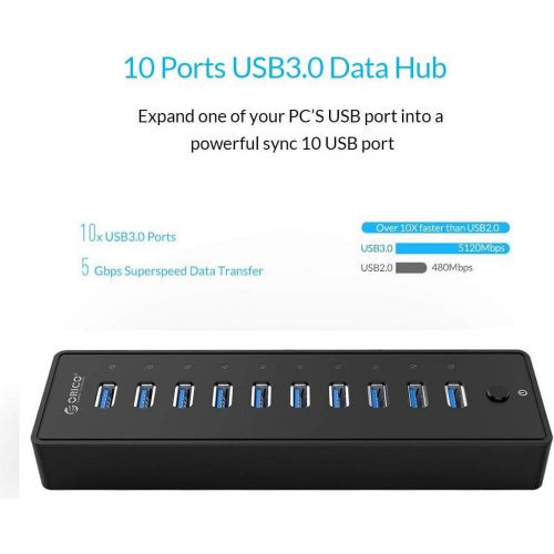  ORICO SuperSpeed 10 Port USB3.0 Hub with 36W(12V3A) Power Adapter and VL812 Chipset for Windows and Mac - Black