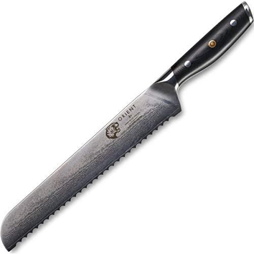  Orient Brotmesser Damast Messer 23cm -Gezahntes Damastmesser Aus Japanischem AUS-10 Edelstahl - 67-Lagiges Professionelles Kuechenmesser In Geschenkverpackung mit Klingenschutz - Japanisch