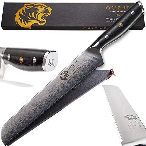  Orient Brotmesser Damast Messer 23cm -Gezahntes Damastmesser Aus Japanischem AUS-10 Edelstahl - 67-Lagiges Professionelles Kuechenmesser In Geschenkverpackung mit Klingenschutz - Japanisch