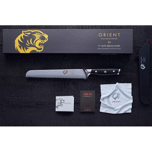  Orient Brotmesser Damast Messer 23cm -Gezahntes Damastmesser Aus Japanischem AUS-10 Edelstahl - 67-Lagiges Professionelles Kuechenmesser In Geschenkverpackung mit Klingenschutz - Japanisch