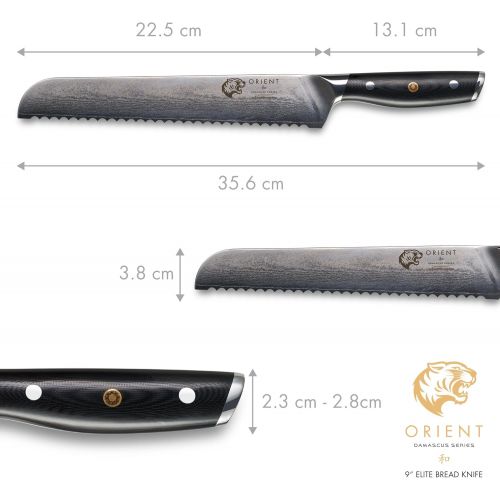  Orient Brotmesser Damast Messer 23cm -Gezahntes Damastmesser Aus Japanischem AUS-10 Edelstahl - 67-Lagiges Professionelles Kuechenmesser In Geschenkverpackung mit Klingenschutz - Japanisch