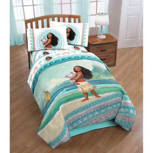  OS 4 Piece Girls Disneys Moana Movie Themed Comforter Twin Set, Cute Moana and Pua The Pig Fun Pattern, Natural Print, All Over Ocean Background, Pretty Character Palm Tree Reversible