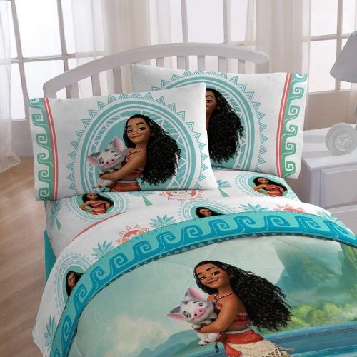  OS 4 Piece Girls Disneys Moana Movie Themed Comforter Twin Set, Cute Moana and Pua The Pig Fun Pattern, Natural Print, All Over Ocean Background, Pretty Character Palm Tree Reversible