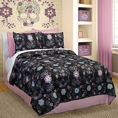  OSD 4pc Girls Pink Blue Black Skull Floral Theme Comforter Set Full Sized, Trendy Chic Flower Skulls Bedding, Girly Monster High Inspired Scrollwork Scroll Motif Flowers Themed Bed