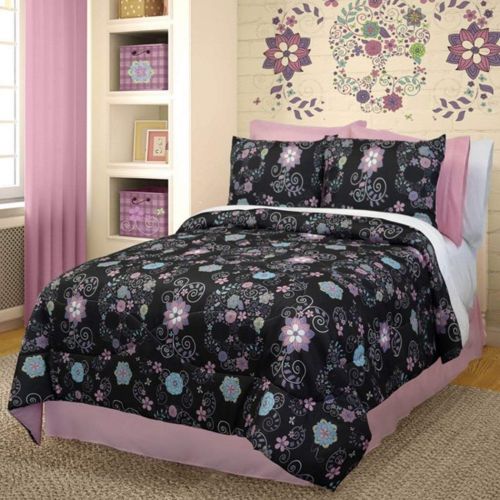  OSD 4pc Girls Pink Blue Black Skull Floral Theme Comforter Set Full Sized, Trendy Chic Flower Skulls Bedding, Girly Monster High Inspired Scrollwork Scroll Motif Flowers Themed Bed