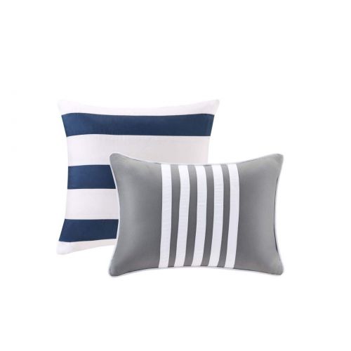  OSD 5 Piece Boys Navy Blue White Grey Stripes Comforter Full Queen Set, Horizontal Gray Striped Bedding Rugby Stripe Sports Themed Nautical Pattern Modern Lines Pattern Dorm College, P